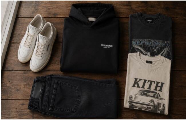 Stack of folded heavyweight streetwear hoodies and graphic tees on a wooden bench in soft daylight